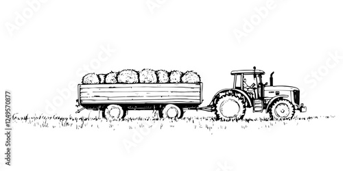 tractor with hay trailer on field black vector sketch