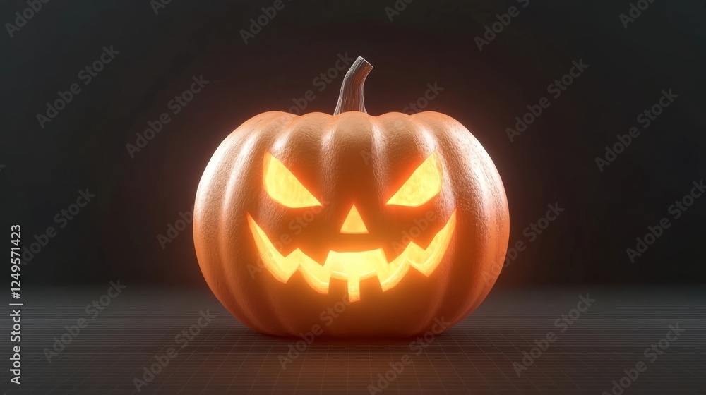 Creative Halloween pumpkin with an intricate carved face glowing in the dark Creative Halloween pumpkin with an intricate carved face glowing in the dark