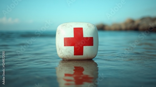 Lifebuoy with Red Cross Symbol Floating in Calm Ocean Waters Under Clear Blue Sky photo