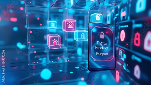 Digital Product Passport with QR Code for Product Traceability and Secure Data Storage, digital identity, product authentication, supply chain transparency, and electronic circuit background.

