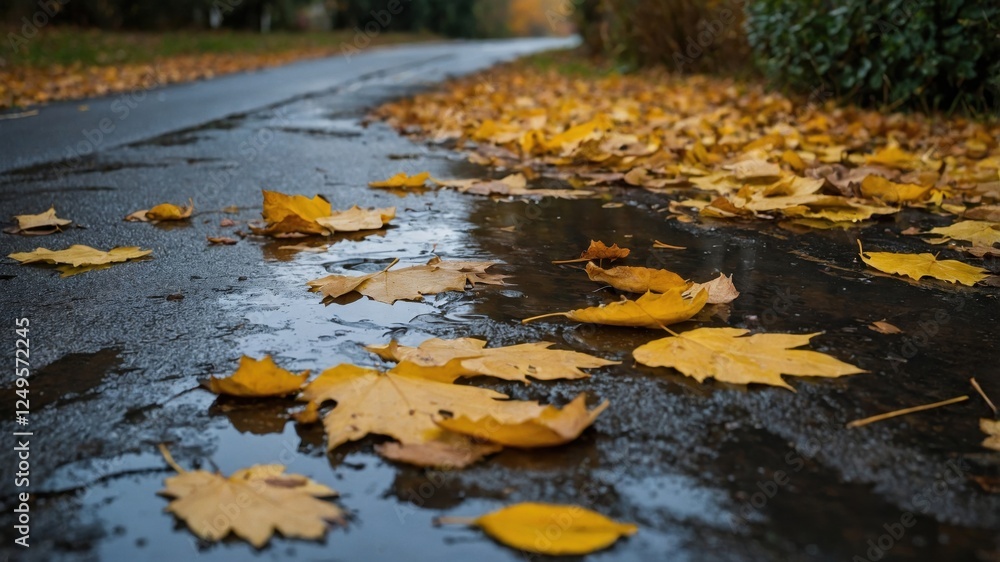 Fototapeta premium autumn day puddle, rain, yellow leaves in the puddle