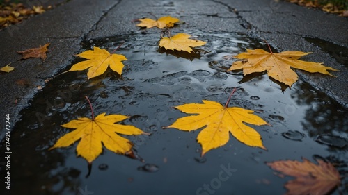 autumn day puddle, rain, yellow leaves in the puddle