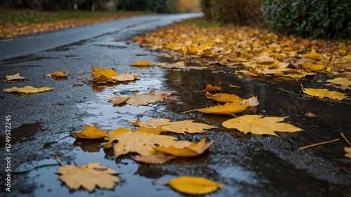 autumn day puddle, rain, yellow leaves in the puddle