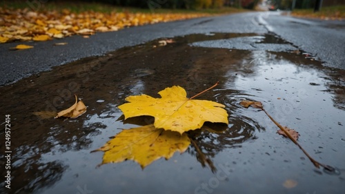 autumn day puddle, rain, yellow leaves in the puddle