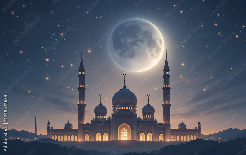 Ramadan Kareem Mosque and moon with nature background text with Copy space , 3D render. Ramadan Kareem Mosque and moon with nature background text with Copy space , 3D render.