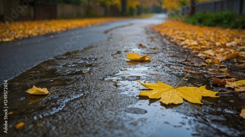 autumn day puddle, rain, yellow leaves in the puddle