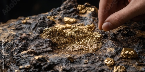 A hand examines golden nuggets embedded within dark rock formation photo