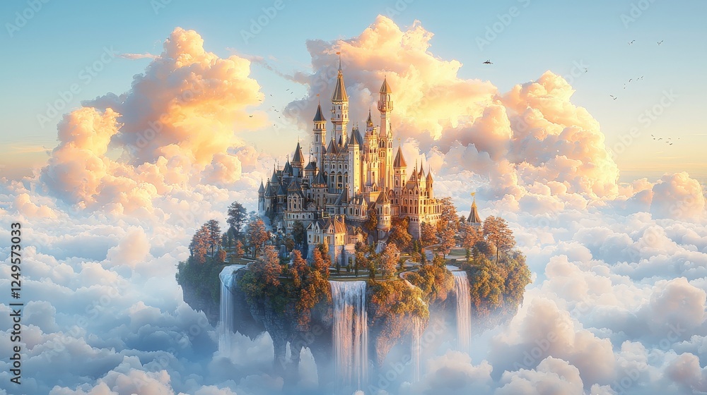 A majestic castle rises above fluffy clouds, bathed in warm sunlight, creating a dreamlike, ethereal landscape. A majestic castle rises above fluffy clouds, bathed in warm sunlight, creating a dreamlike, ethereal landscape.