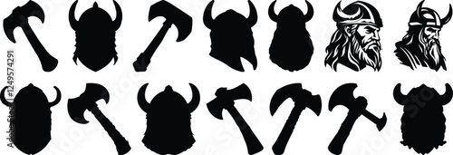 Viking silhouettes set, nordic pack of vector silhouette design, isolated background