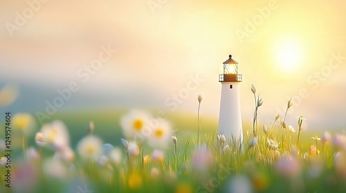   A lighthouse amidst wildflowers under the golden sun backdrop