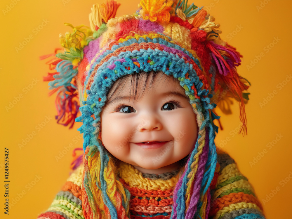 studio portrait of Asian baby wearing hippy costume isolated on yellow background
