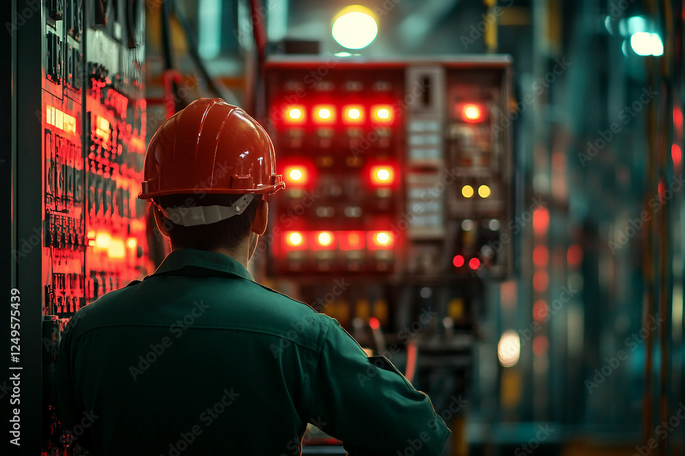 Obraz premium A man in a hard hat works on an electrical panel genertative ai