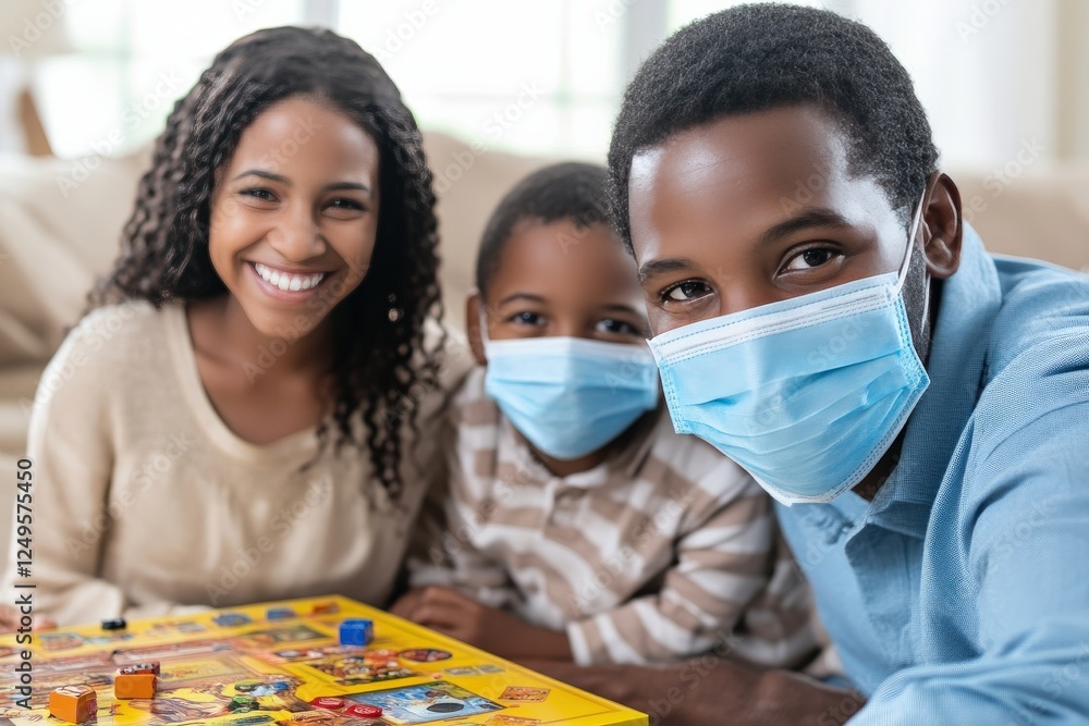 Fototapeta premium Family enjoying game night at home, wearing protective masks, bonding and smiling together in a cozy living room setting during pandemic time