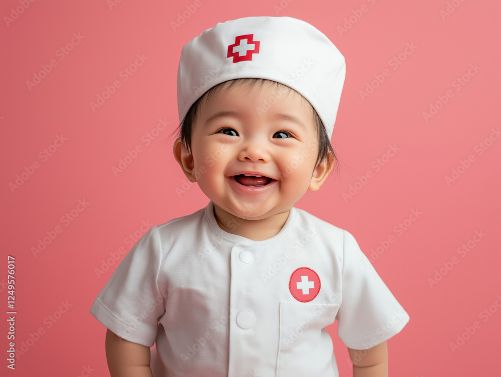 studio portrait of Asian baby wearing nurse costume isolated on yellow background studio portrait of Asian baby wearing nurse costume isolated on yellow background