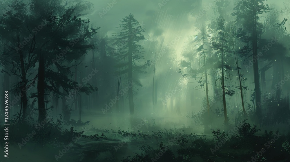 Obraz premium Misty morning in a quiet forest, the trees shrouded in fog, with beams of light breaking through the mist and illuminating the landscape. 
