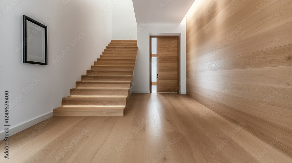 Minimalist Rustic Entrance Hall with Wooden Staircase and Wall Paneling Minimalist Rustic Entrance Hall with Wooden Staircase and Wall Paneling