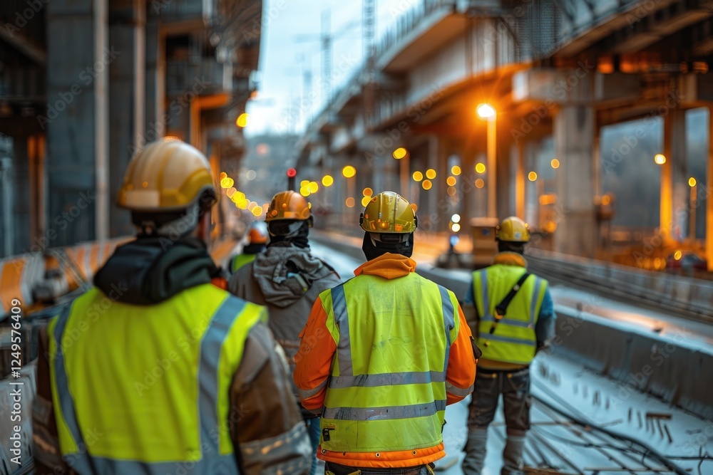 Construction workers in hard hats and safety vests walk across a bridge construction site at dusk. Construction workers in hard hats and safety vests walk across a bridge construction site at dusk.