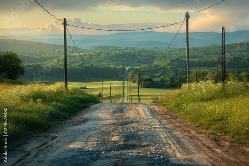 A gravel road winds through a verdant landscape, disappearing into the distance under a partly cloudy sky. photo