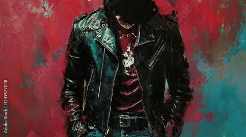 Painting of a stylish man in a leather jacket photo