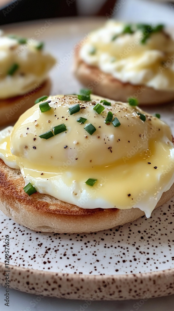 Classic eggs benedict with perfectly poached eggs sitting on english muffins topped with creamy hollandaise sauce and fresh chives served on speckled ceramic plate. Classic eggs benedict with perfectly poached eggs sitting on english muffins topped with creamy hollandaise sauce and fresh chives served on speckled ceramic plate.
