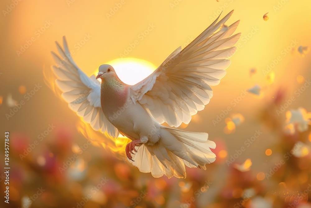 A white dove in flight, wings spread wide, bathed in the golden light of sunset. A white dove in flight, wings spread wide, bathed in the golden light of sunset.