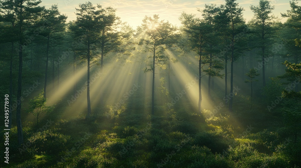 Fototapeta premium Sunbeams pierce misty pine forest at dawn; nature background