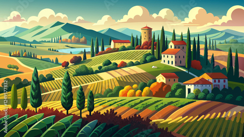 Traditional countryside and landscapes of beautiful Tuscany. vineyards and cypresses. Italy