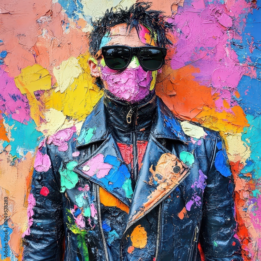 Fototapeta premium Man in leather jacket covered in colorful abstract paint splatters