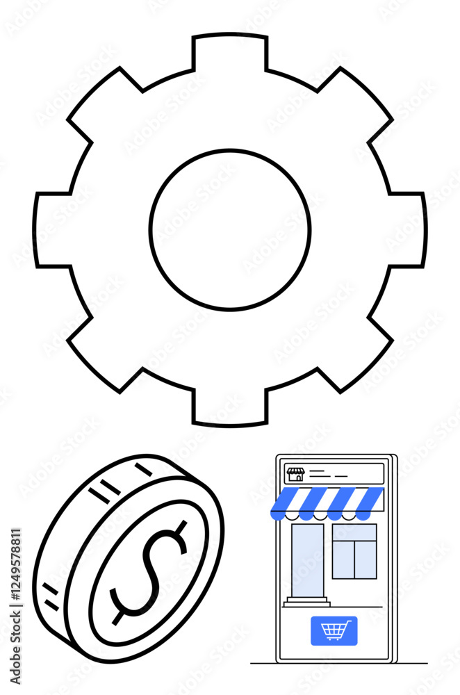 Gear symbolizes operations, coin for monetization, storefront for e-commerce. Ideal for online sales, financial growth, digital management, process automation, profitability, and abstract line flat Gear symbolizes operations, coin for monetization, storefront for e-commerce. Ideal for online sales, financial growth, digital management, process automation, profitability, and abstract line flat