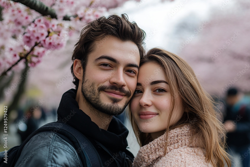 Generative AI depiction of a young couple enjoying Japan's spring park with cherry blossoms in full bloom Generative AI depiction of a young couple enjoying Japan's spring park with cherry blossoms in full bloom