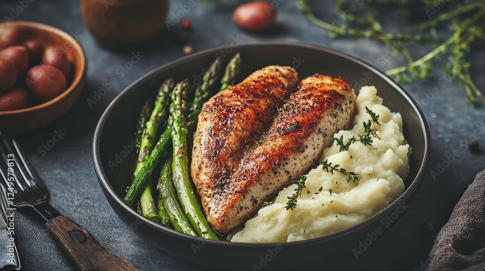 Fototapeta premium Juicy Grilled Chicken Breast Served with Creamy Mashed Potatoes and Fresh Asparagus, Capturing the Essence of Delicious Home-Cooked Meals and Culinary Experiences