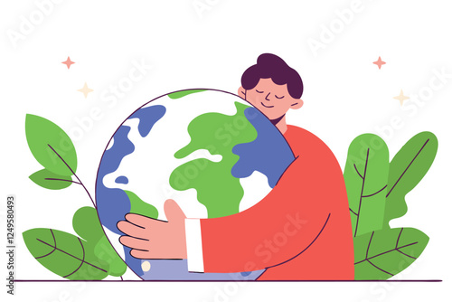 Man hugging big earth planet. Save the Earth concept. Earth day. Vector illustration