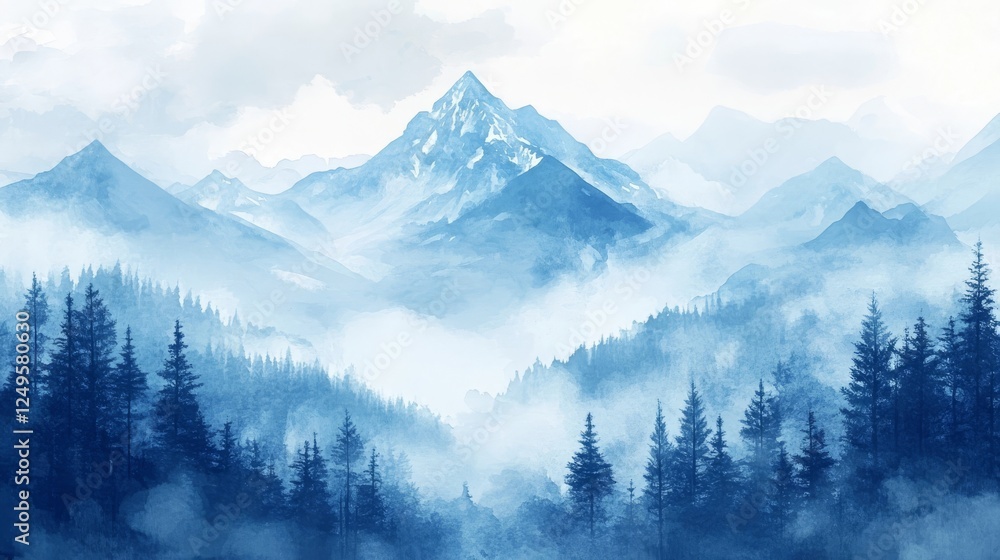 Obraz premium Majestic mountains rise above misty forests in tranquil blue tones during a peaceful morning