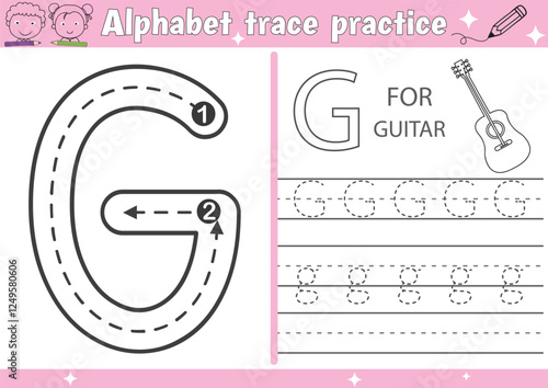 G alphabet tracing activity page and Handwriting letters practice page with outline vector illustration for Pre-school Kids