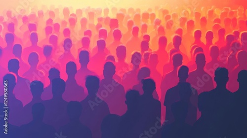 Massive crowd silhouetted against a vibrant orange and purple sunset during an outdoor event in the evening