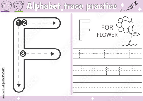 
F alphabet tracing activity page and Handwriting letters practice page with outline vector illustration for Pre-school Kids