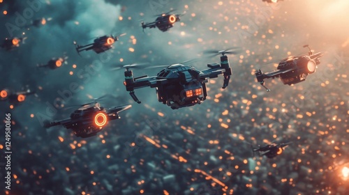 Swarms of drones navigate through city skies during twilight, showcasing advanced technology in urban landscapes photo