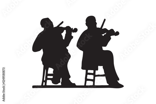 Silhouette of Two Violinists Playing Music – Classical Orchestra Performance.