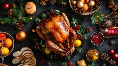Festive dinner table with roasted turkey and seasonal decorations for winter celebrations