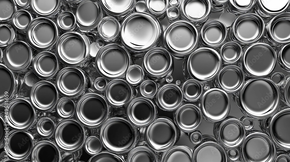 Circular metal objects arranged closely together create an intriguing pattern in a reflective surface Circular metal objects arranged closely together create an intriguing pattern in a reflective surface