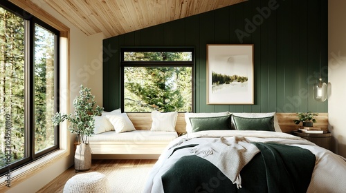   A clean bedroom with a well-made bed and a tree view from the window
