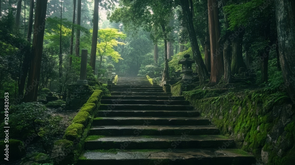 Obraz premium Beautiful stone steps lead through a serene forest filled with lush greenery and soft morning light in Japan