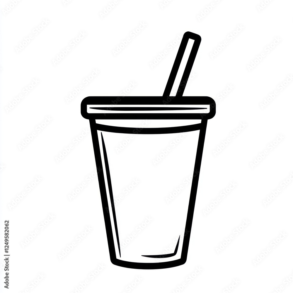 Simple black and white outline drawing of a disposable cup with a straw Simple black and white outline drawing of a disposable cup with a straw