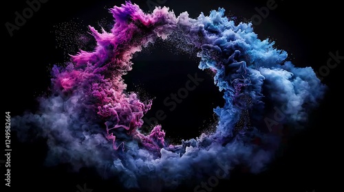 Vibrant swirling smoke in shades of pink and blue forming a circular shape against a dark background