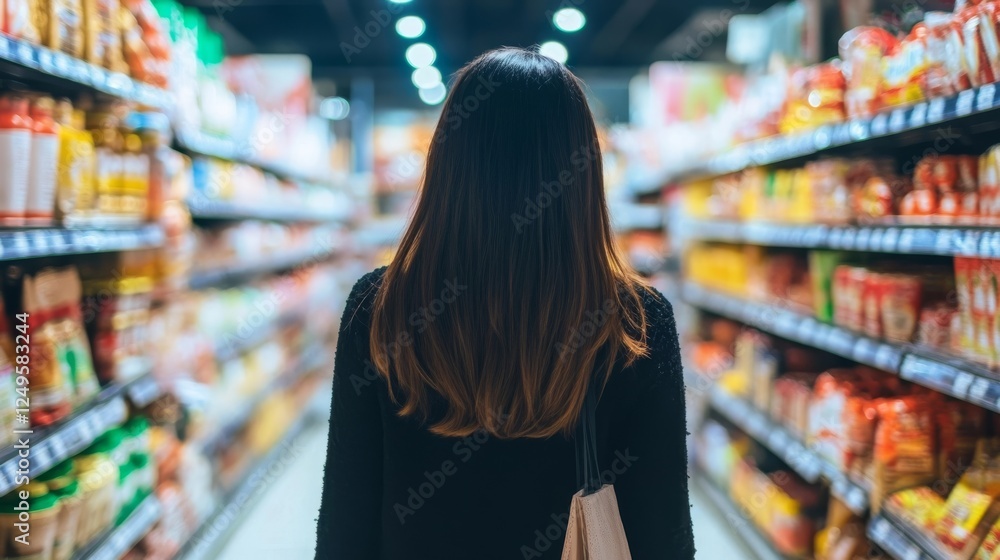 Young woman shopping in a grocery store aisle surrounded by colorful packaged food products in a modern retail environment Young woman shopping in a grocery store aisle surrounded by colorful packaged food products in a modern retail environment
