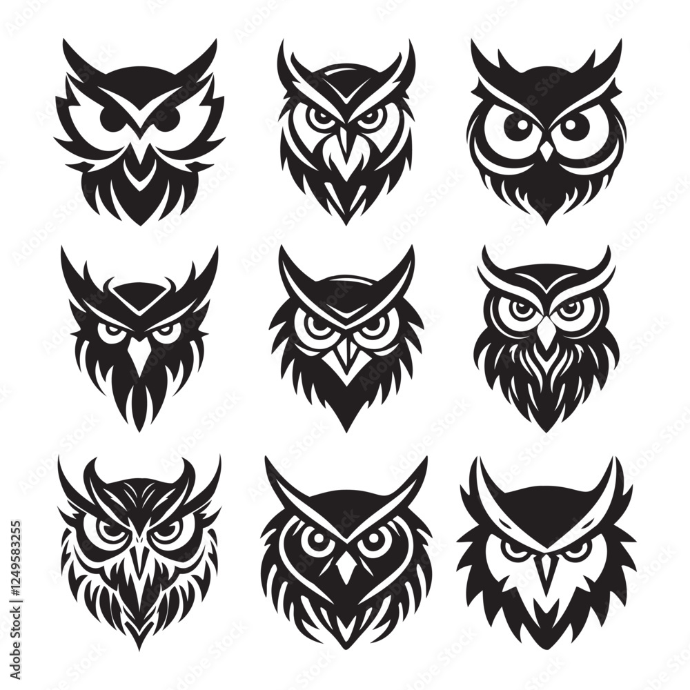 Owl Head Logo Set Black and White Vector Icons. Owl Head Logo Set Black and White Vector Icons.