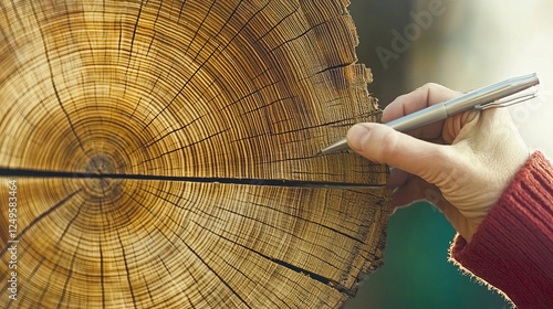 Engaging in woodcraft by measuring tree rings with a pen outdoors during daylight