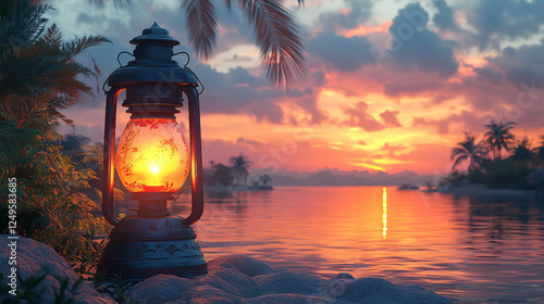 Glowing Lantern in Desert Oasis at Sunrise with Serene Landscape photo