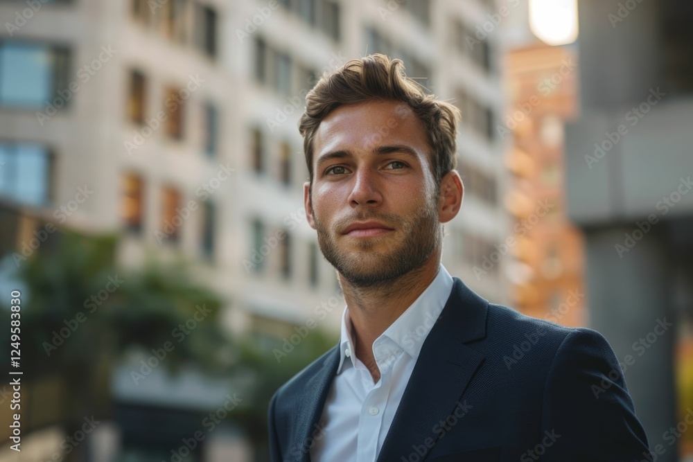 Confident young businessman in a suit standing outdoors in an urban setting. Confident young businessman in a suit standing outdoors in an urban setting.