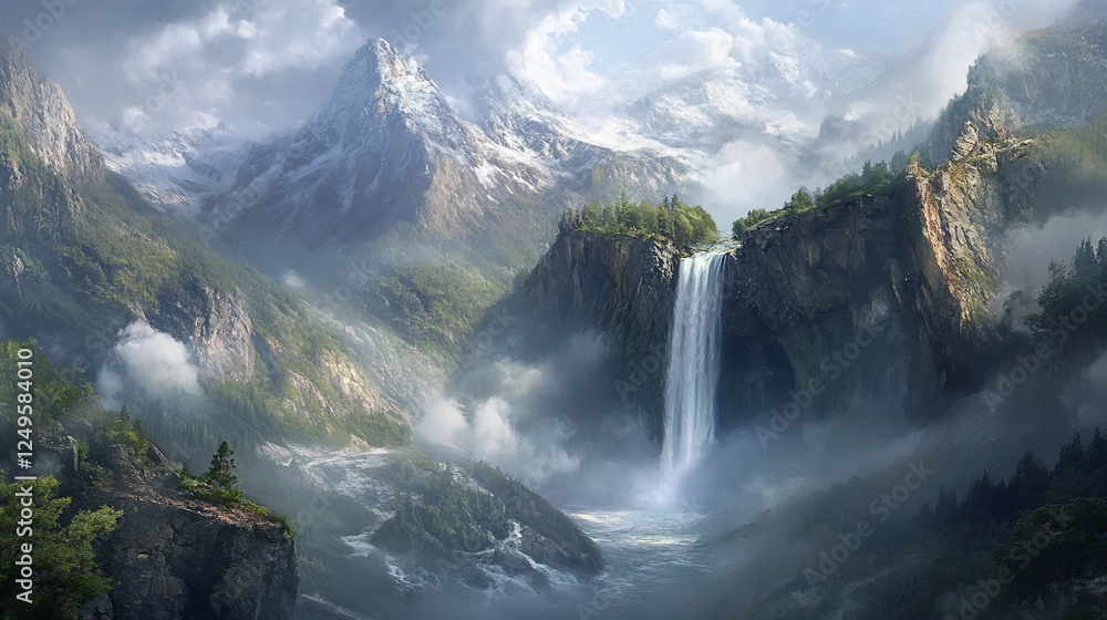 Fototapeta premium Majestic waterfall, misty mountains, scenic valley, travel poster